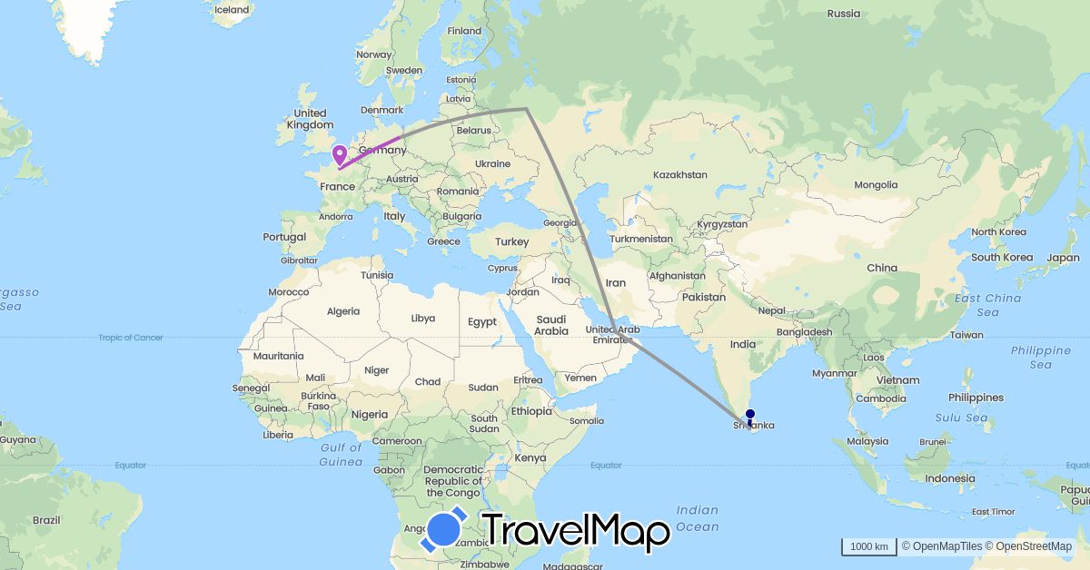 TravelMap itinerary: driving, plane, train in United Arab Emirates, Germany, France, Sri Lanka, Russia (Asia, Europe)